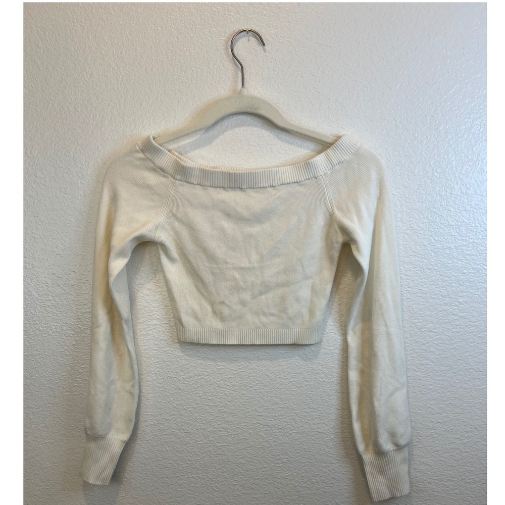 Garage Off Shoulder Cropped Sweater Women XS Cream Ribbed Knit